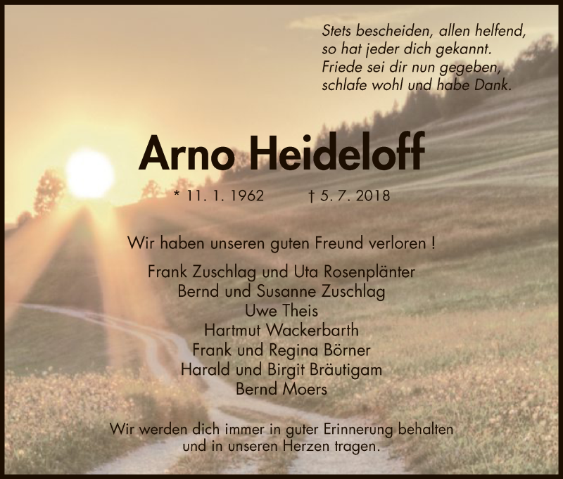  Traueranzeige für Arno Heideloff vom 11.07.2018 aus HNA