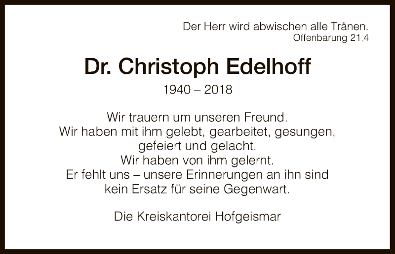  Traueranzeige für Christoph Edelhoff vom 20.07.2018 aus HNA