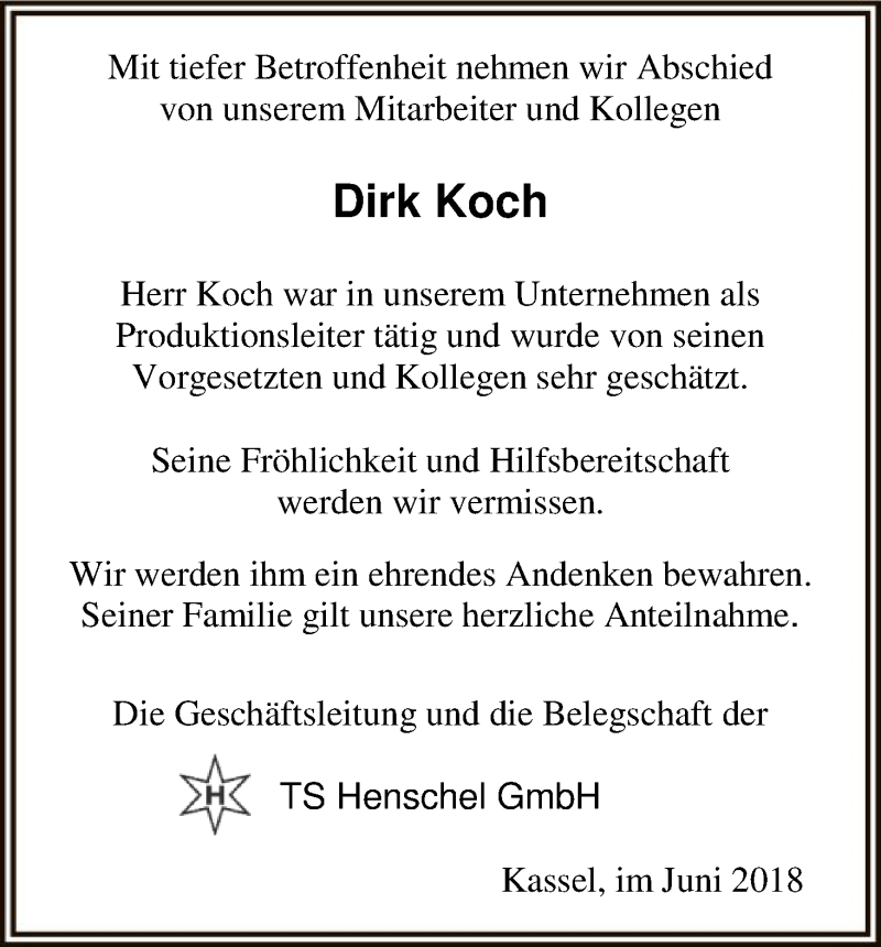  Traueranzeige für Dirk Koch vom 04.07.2018 aus HNA