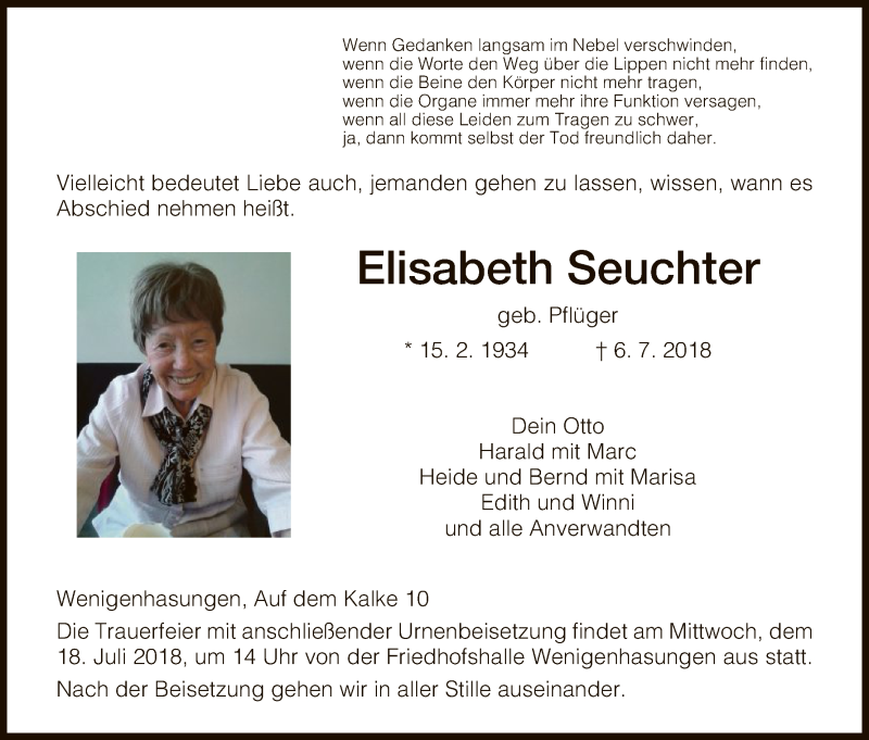  Traueranzeige für Elisabeth Seuchter vom 14.07.2018 aus HNA