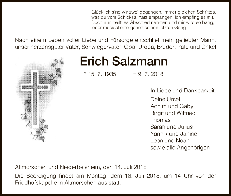  Traueranzeige für Erich Salzmann vom 14.07.2018 aus HNA