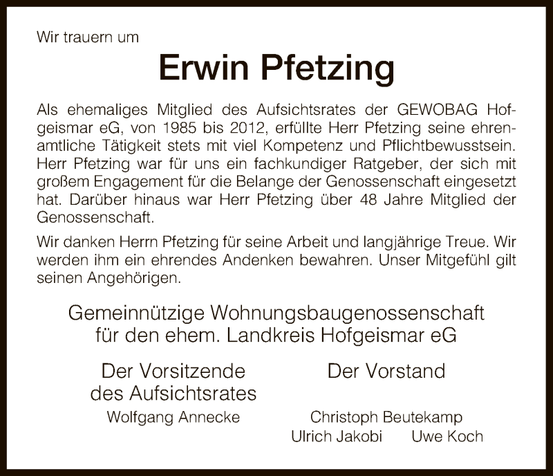  Traueranzeige für Erwin Pfetzing vom 25.07.2018 aus HNA