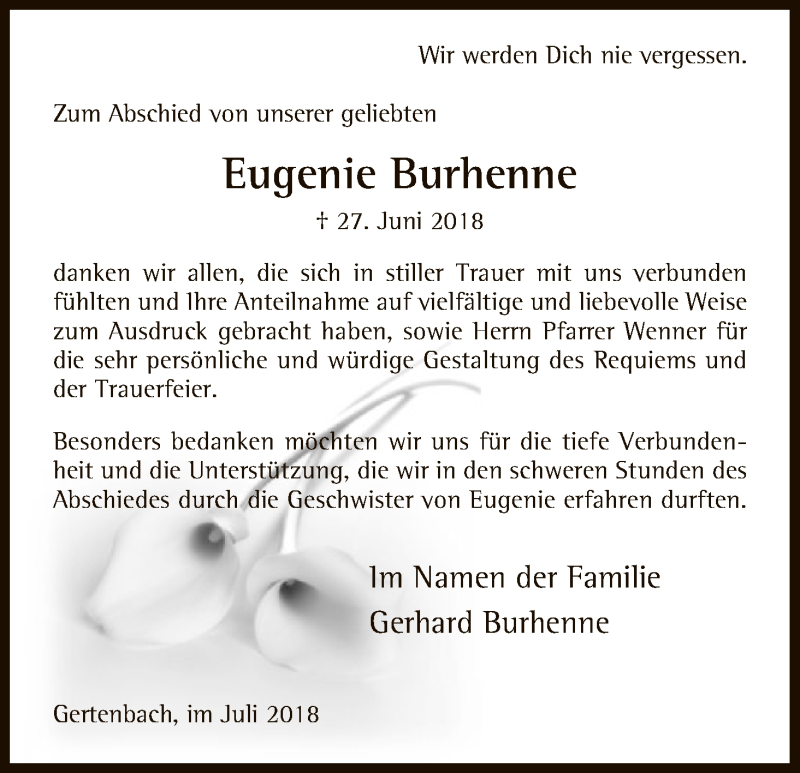  Traueranzeige für Eugenie Burhenne vom 28.07.2018 aus HNA