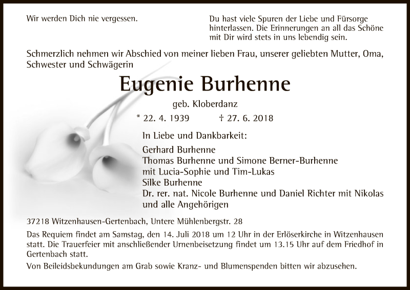  Traueranzeige für Eugenie Burhenne vom 12.07.2018 aus HNA