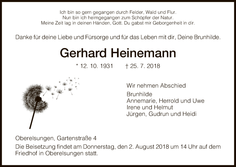  Traueranzeige für Gerhard Heinemann vom 30.07.2018 aus HNA