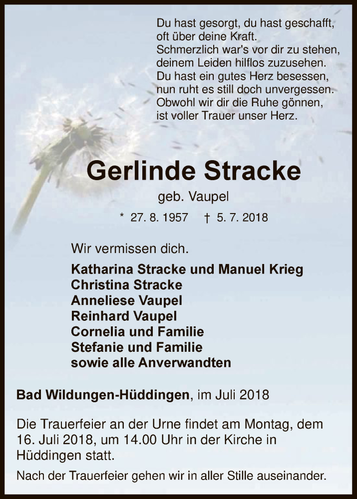  Traueranzeige für Gerlinde Stracke vom 10.07.2018 aus HNA