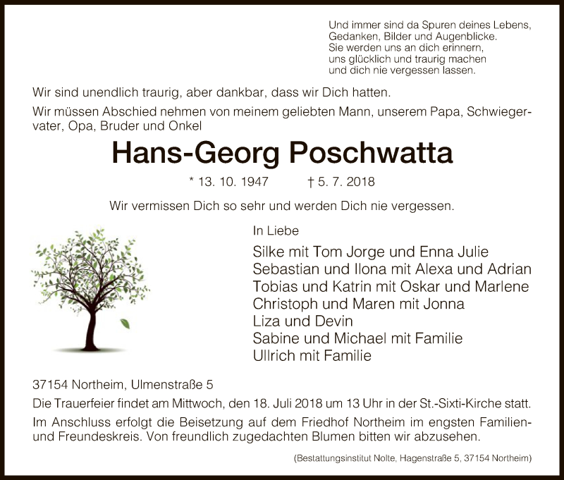  Traueranzeige für Hans-Georg Poschwatta vom 16.07.2018 aus HNA