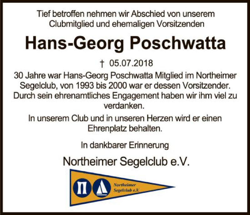  Traueranzeige für Hans-Georg Poschwatta vom 17.07.2018 aus HNA