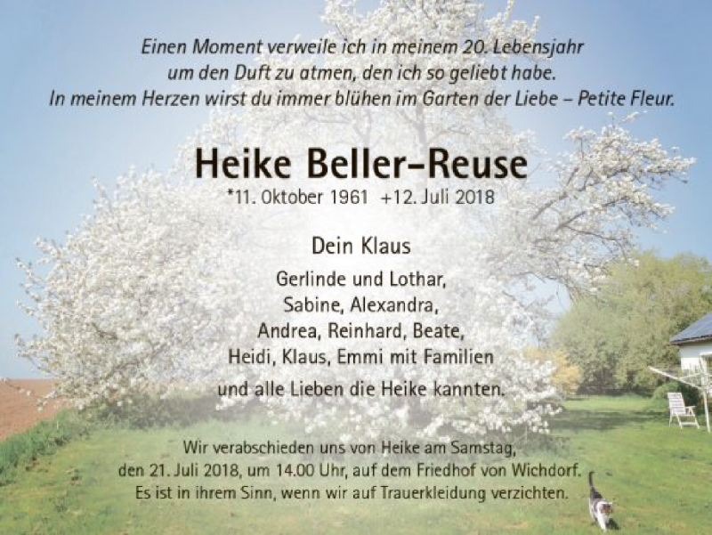  Traueranzeige für Heike Beller-Reuse vom 18.07.2018 aus HNA