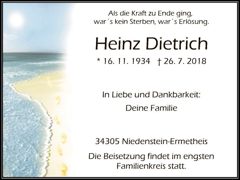  Traueranzeige für Heinz Dietrich vom 28.07.2018 aus HNA