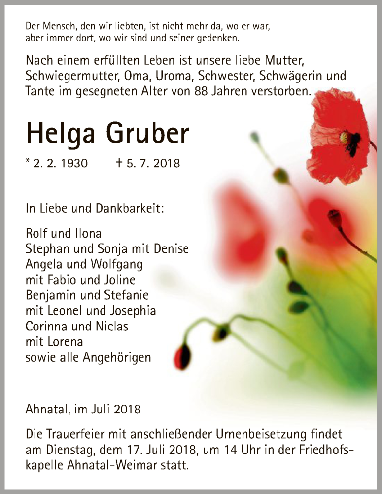  Traueranzeige für Helga Gruber vom 14.07.2018 aus HNA