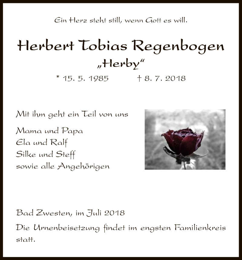  Traueranzeige für Herbert Tobias Regenbogen vom 14.07.2018 aus HNA