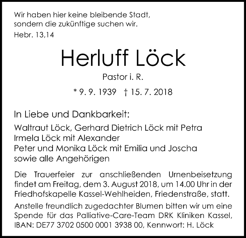  Traueranzeige für Herluff Löck vom 21.07.2018 aus HNA