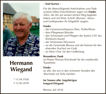 Traueranzeige von Hermann Wiegand von HNA