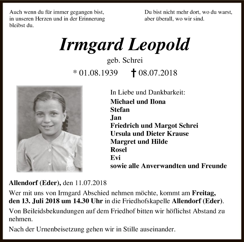  Traueranzeige für Irmgard Leopold vom 11.07.2018 aus HNA