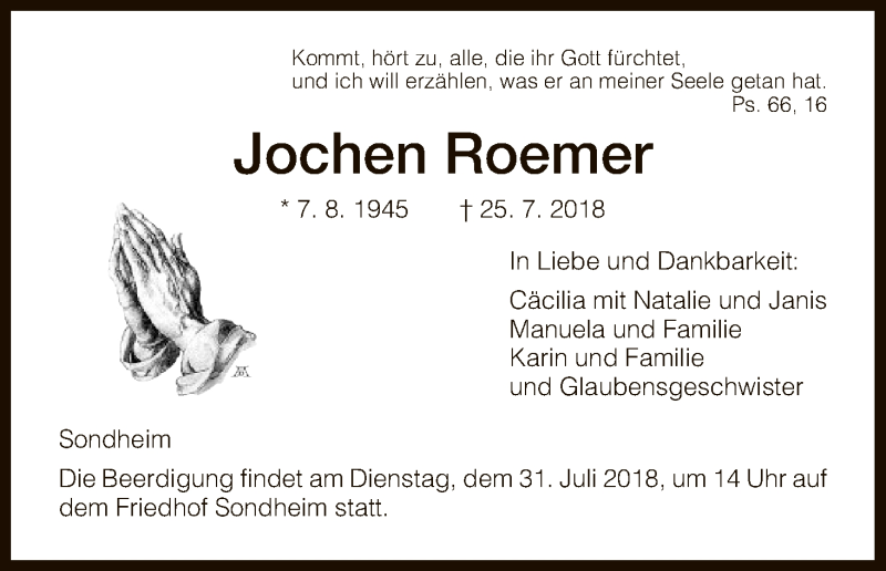  Traueranzeige für Jochen Roemer vom 28.07.2018 aus HNA