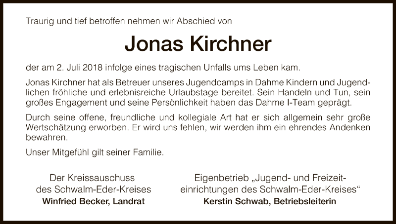  Traueranzeige für Jonas Kirchner vom 18.07.2018 aus HNA