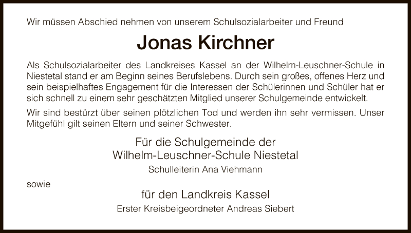  Traueranzeige für Jonas Kirchner vom 16.07.2018 aus HNA