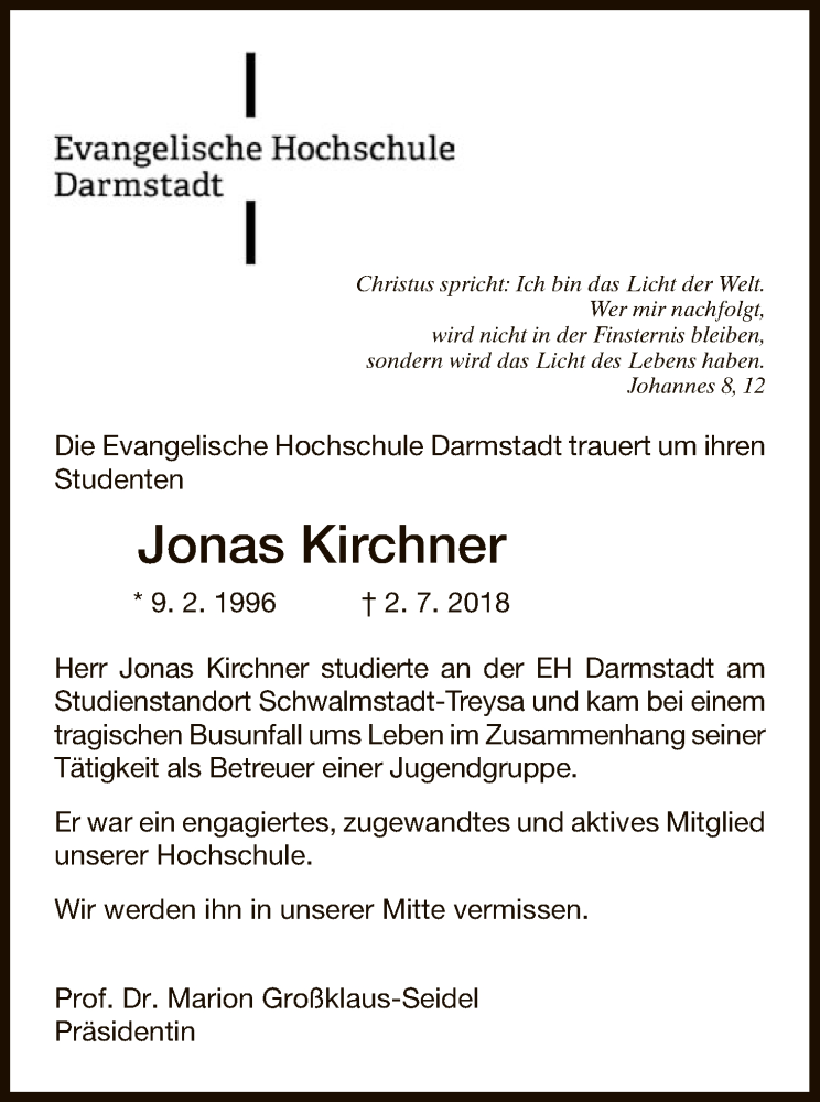  Traueranzeige für Jonas Kirchner vom 16.07.2018 aus HNA