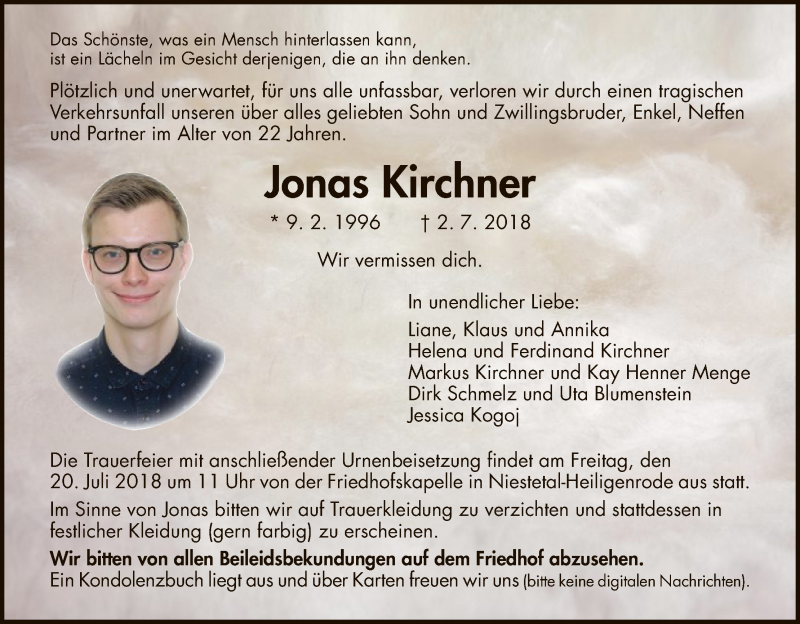  Traueranzeige für Jonas Kirchner vom 14.07.2018 aus HNA