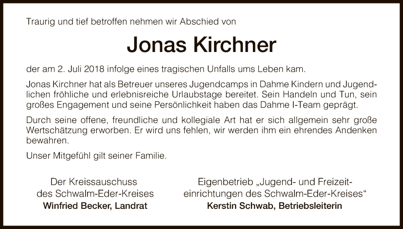  Traueranzeige für Jonas Kirchner vom 19.07.2018 aus HNA