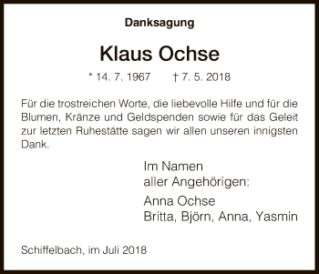 Traueranzeige von Klaus Ochse von HNA