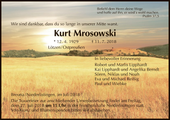 Traueranzeige von Kurt Mrosowski von HNA