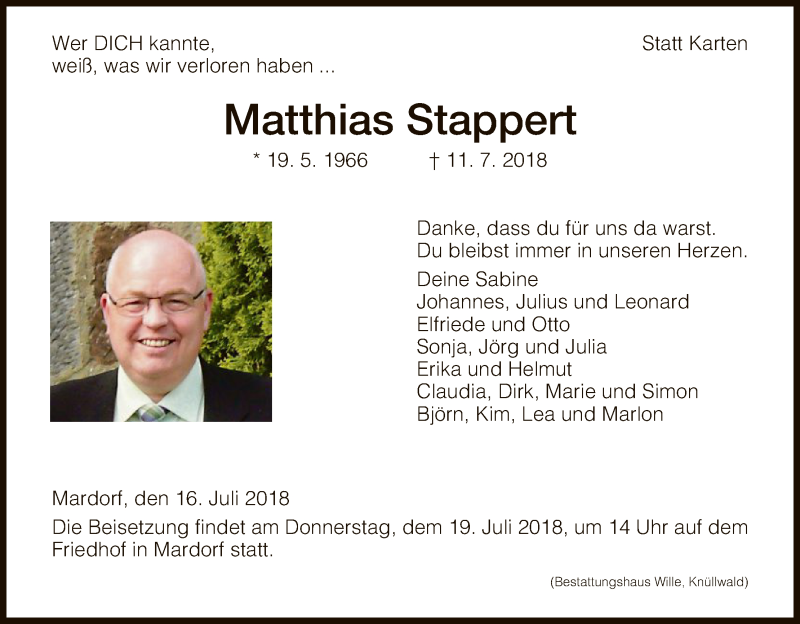  Traueranzeige für Matthias Stappert vom 16.07.2018 aus HNA