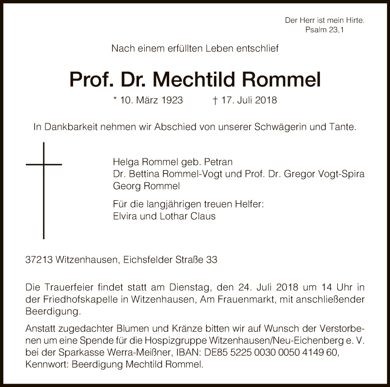  Traueranzeige für Mechtild Rommel vom 21.07.2018 aus HNA