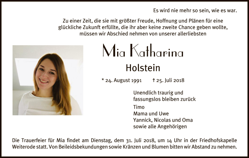  Traueranzeige für Mia Katharina Holstein vom 28.07.2018 aus HNA