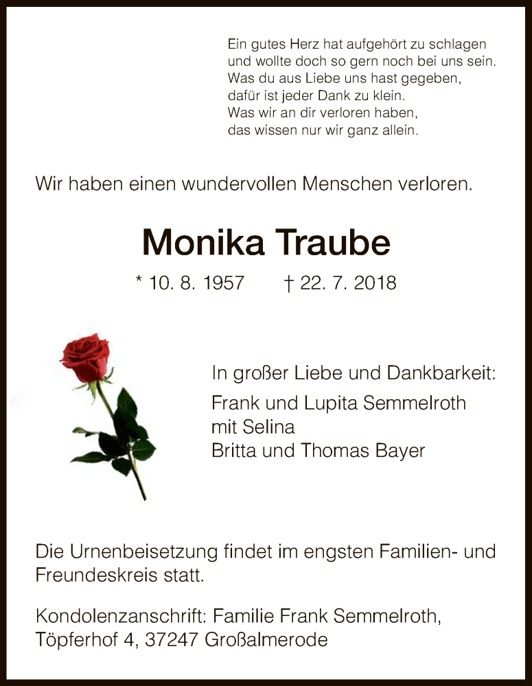  Traueranzeige für Monika Traube vom 28.07.2018 aus HNA