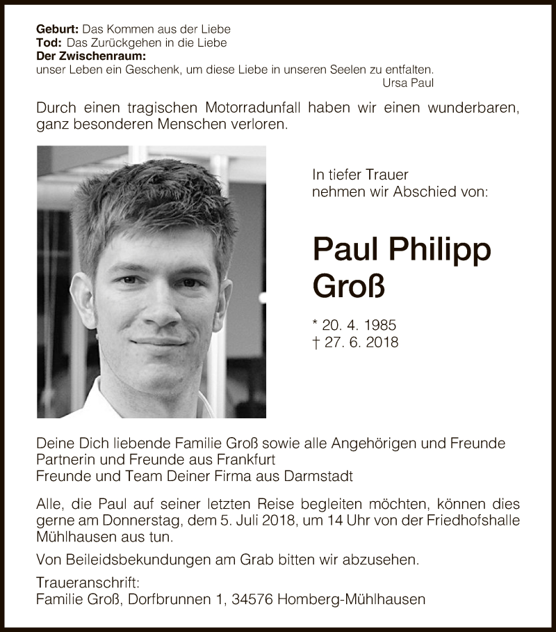  Traueranzeige für Paul Philipp Groß vom 03.07.2018 aus HNA