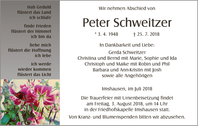  Traueranzeige für Peter Schweitzer vom 28.07.2018 aus HNA