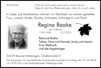 Traueranzeige von Regina Baake von HNA