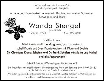 Traueranzeige von Wanda Stengel von HNA