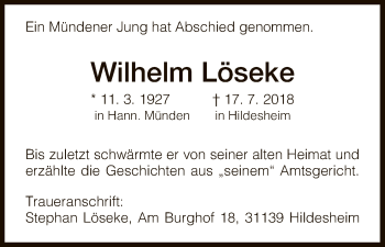 Traueranzeige von Wilhelm Löseke von HNA