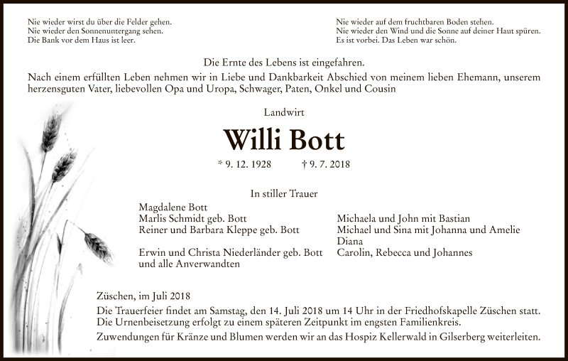  Traueranzeige für Willi Bott vom 12.07.2018 aus HNA