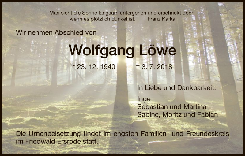  Traueranzeige für Wolfgang Löwe vom 07.07.2018 aus HNA