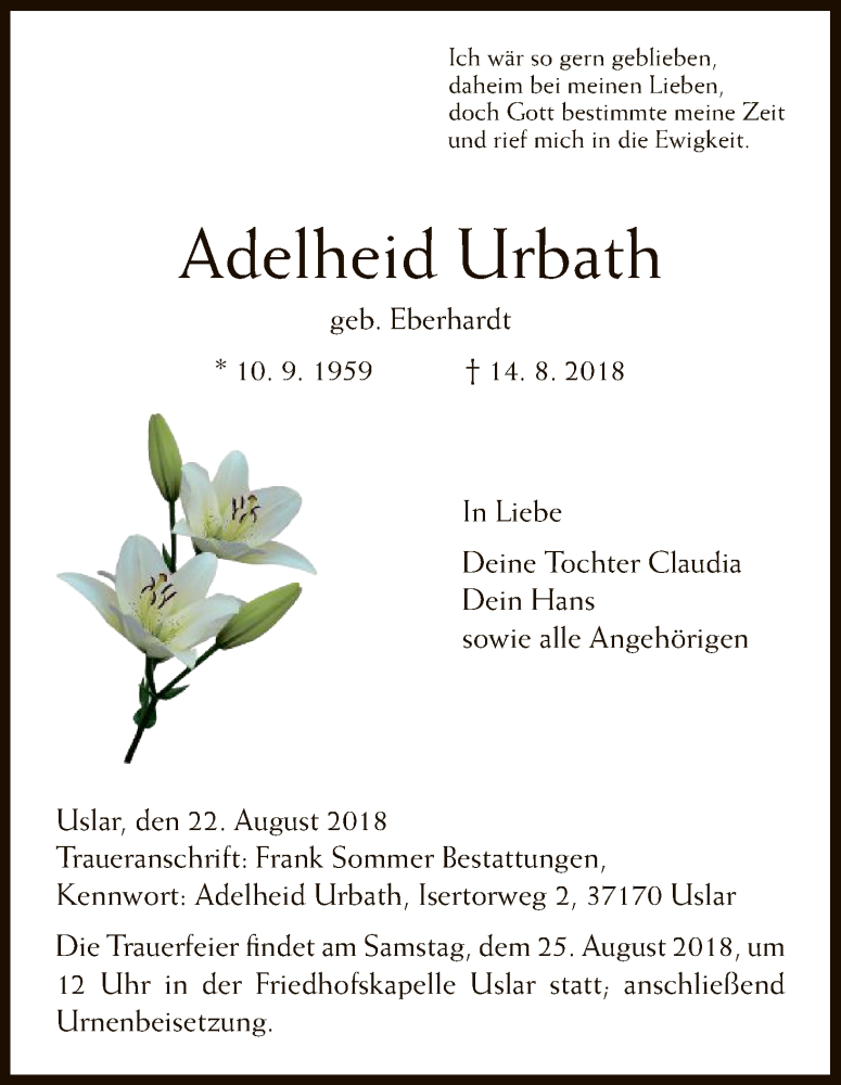  Traueranzeige für Adelheid Urbath vom 22.08.2018 aus HNA