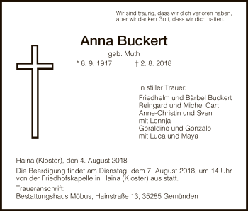 Traueranzeige von Anna Buckert von HNA