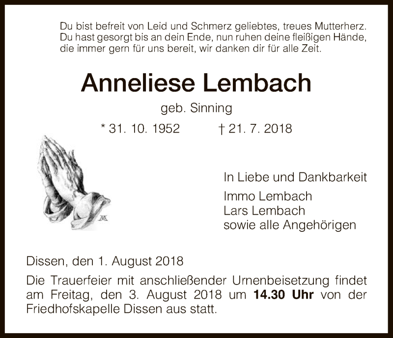  Traueranzeige für Anneliese Lembach vom 01.08.2018 aus HNA