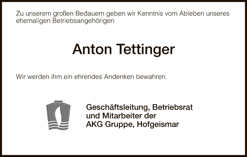  Traueranzeige für Anton Tettinger vom 04.08.2018 aus HNA