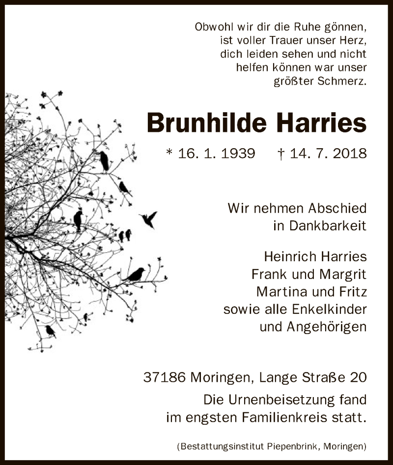  Traueranzeige für Brunhilde Harries vom 04.08.2018 aus HNA