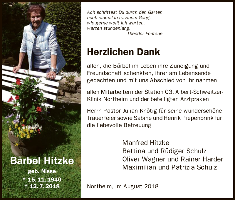  Traueranzeige für Bärbel Hitzke vom 04.08.2018 aus HNA