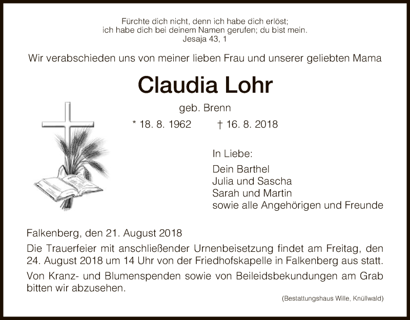  Traueranzeige für Claudia Lohr vom 21.08.2018 aus HNA