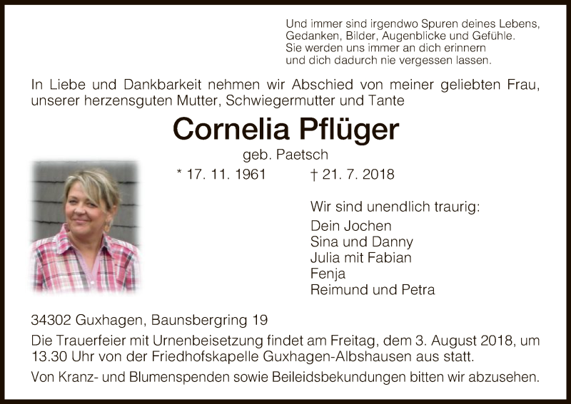  Traueranzeige für Cornelia Pflüger vom 01.08.2018 aus HNA