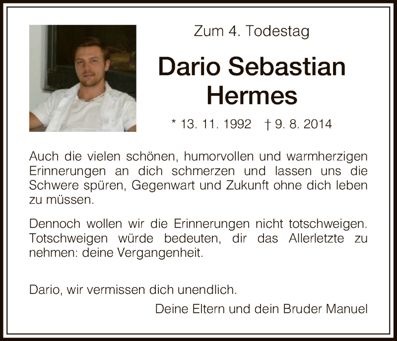  Traueranzeige für Dario Sebastian Hermes vom 04.08.2018 aus HNA