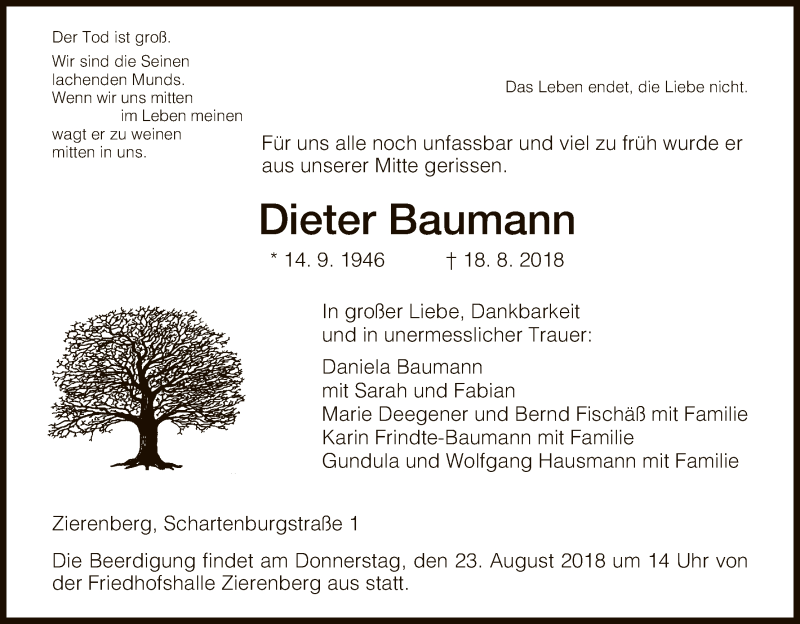  Traueranzeige für Dieter Baumann vom 21.08.2018 aus HNA