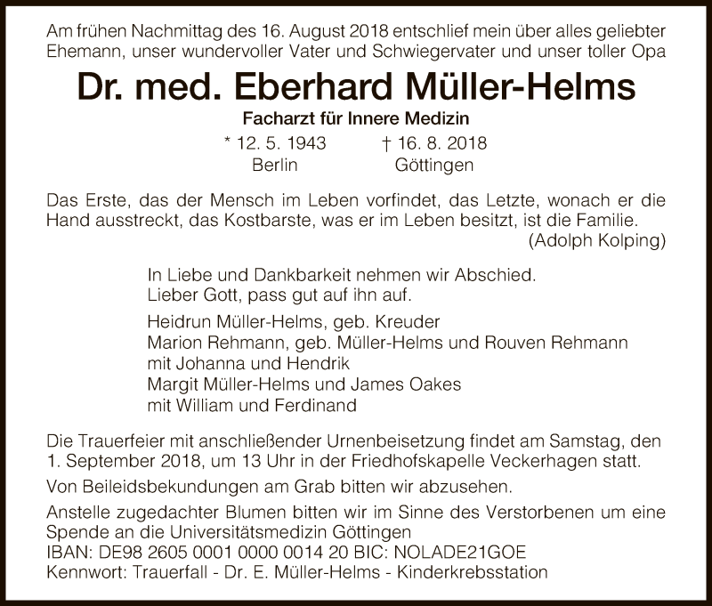  Traueranzeige für Eberhard Müller-Helms vom 25.08.2018 aus HNA