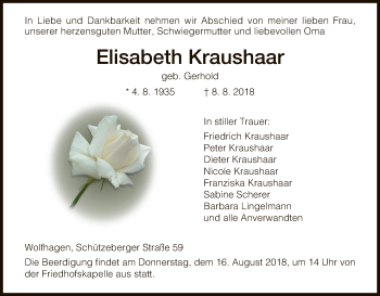 Traueranzeige von Elisabeth Kraushaar von HNA